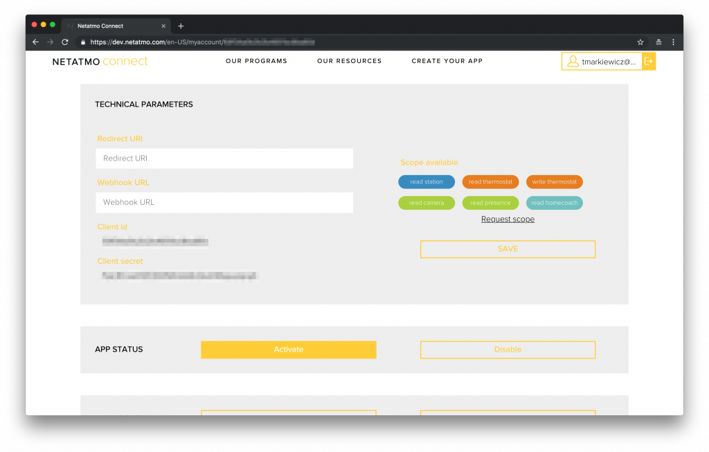 Netatmo Connect developer dashboard